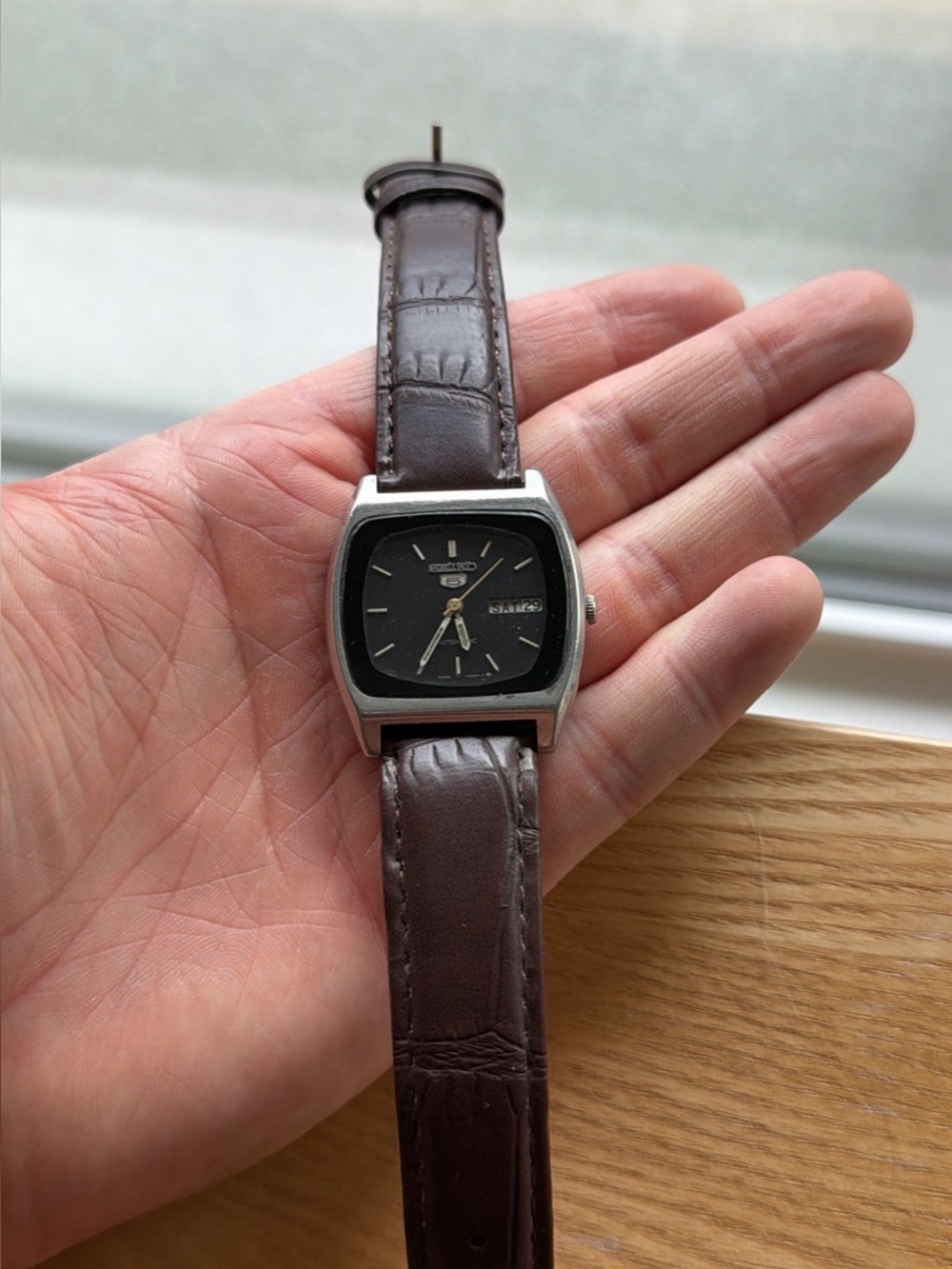 Seiko Black Dial Watch with Brown Leather Strap